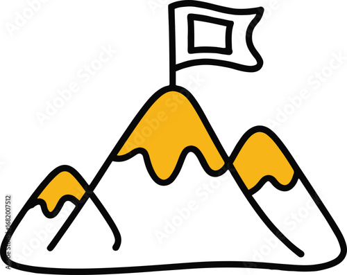 Mountain peak with flag isolated on white background, representing success, achievement, and reaching goals in a challenging landscape, a symbol of triumph and adventure