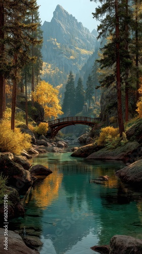 Stunning autumn landscape with a wooden bridge and tranquil river in a mountainous setting