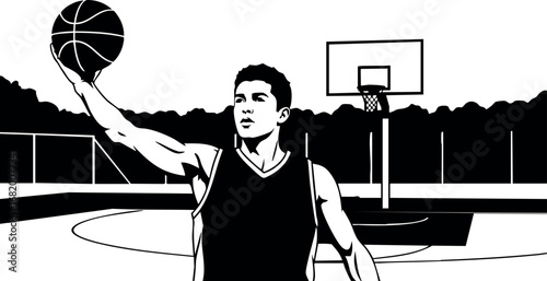Basketball Player Shooting Ball on Outdoor Court Black and White Vector Illustration 