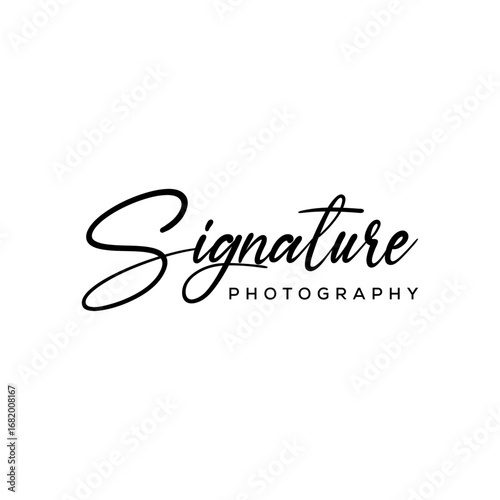 Signature photography logo design, elegant black script lettering on white background, professional photographer watermark and branding identity