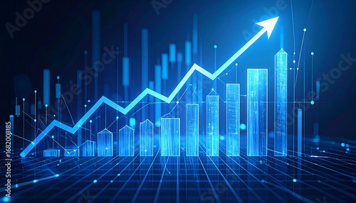 Abstract graphic of a rising arrow chart overlaid on a grid with bar graphs.  A futuristic, digital, data-driven visualization