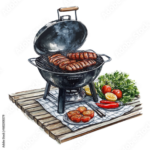 Summer Barbecue Picnic Setup, watercolor vector, isolated on a white background.