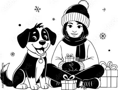 Child with dog sitting together in winter wearing hat and scarf with gift boxes illustration 