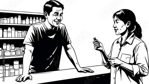Pharmacist and customer interaction at pharmacy counter vector illustration in black and white 