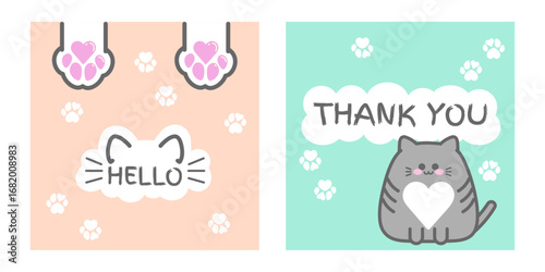 Vector cute card set with cat, paws and text: "Hello" and "Thank you". Sticker, vector illustration, template
