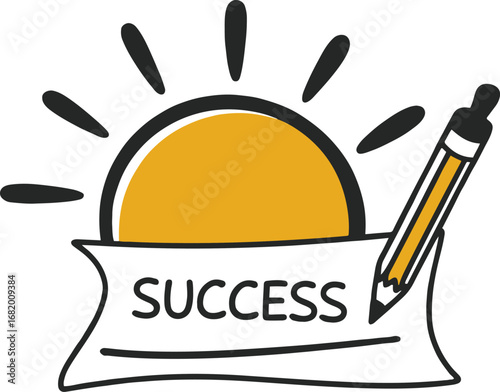 Illustration of a sun, pencil, and paper with the word success isolated on white background, representing achievement, goals, and motivation in business, education, and personal growth