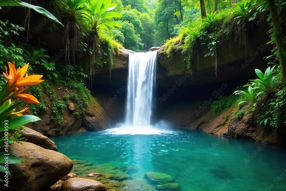 Naklejka premium Lush tropical waterfall cascading down mossy rocks into a crystal-clear pool, surrounded by vibrant green foliage and exotic flowers Perfect for travel, nature, and serenity themes , vibrant, wild
