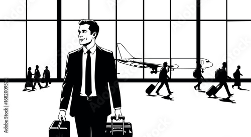 Businessman walking in airport terminal with briefcases and airplane in background vector illustration 