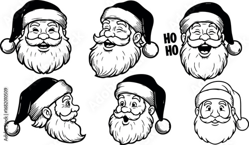 Santa Claus Facial Expressions Collection Black and White Line Art Vector Illustration 