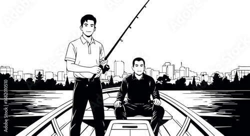 Two Men Fishing on Boat with City Skyline Background in Black and White Vector Illustration 
