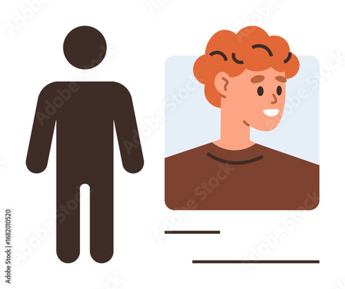 User silhouette beside a profile photo and text. Ideal for identity, documentation, registration, bio data, user profiles, HR workflows, verification. Modern and simple flat metaphor