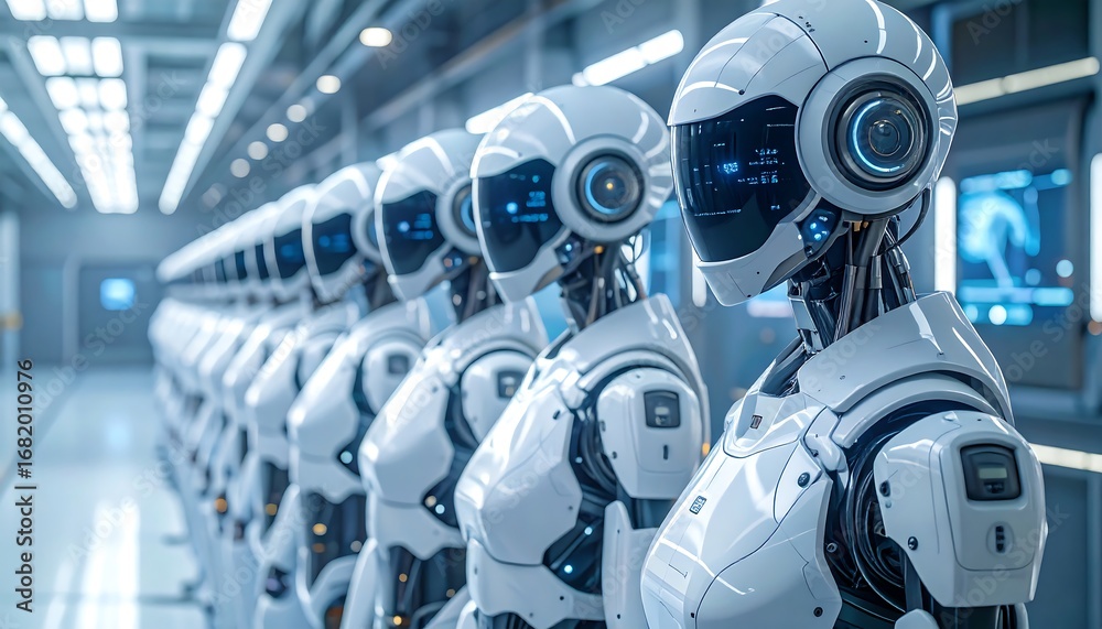Fototapeta premium A line of futuristic robots stands in a modern industrial facility, showcasing sleek white designs and advanced technology.