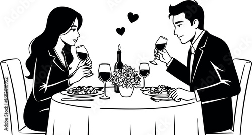 Romantic couple having dinner with wine glasses and candlelight at table vector illustration 