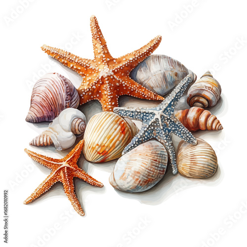 watercolor of Starfish And Beach Shells, vector, isolated on a white background.