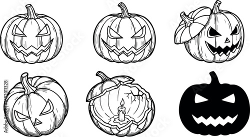 Halloween pumpkin jack o lantern faces spooky autumn vector set 