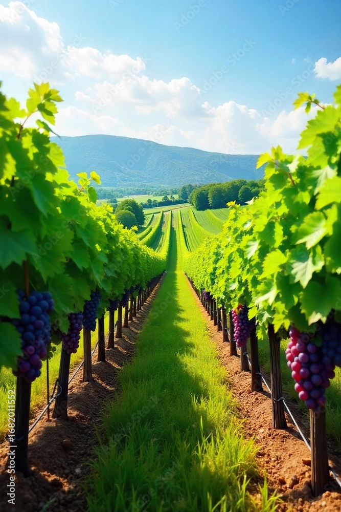 Naklejka premium Sun-Drenched Vineyard Ripe Grapes Hanging Heavy on Lush Hillside Vines Ready for Harvest