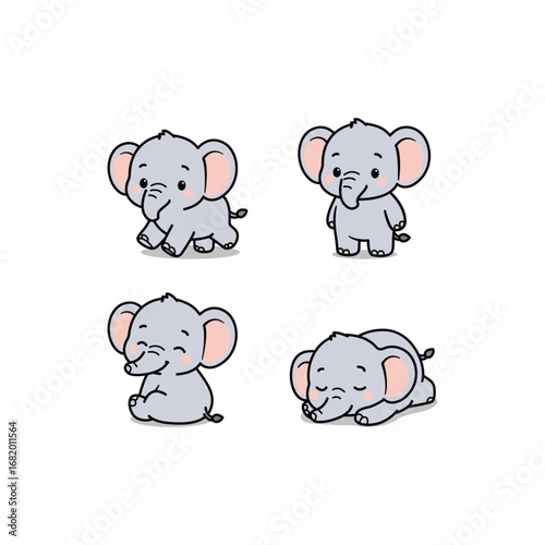 Cute kawaii elephant collection, vector illustration