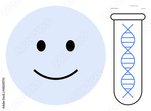 Happy face alongside a DNA strand in a test tube symbolizes biotechnology, genetic research, health innovation, personalized medicine, biotechnology ethics, progress, and human connection. Flat