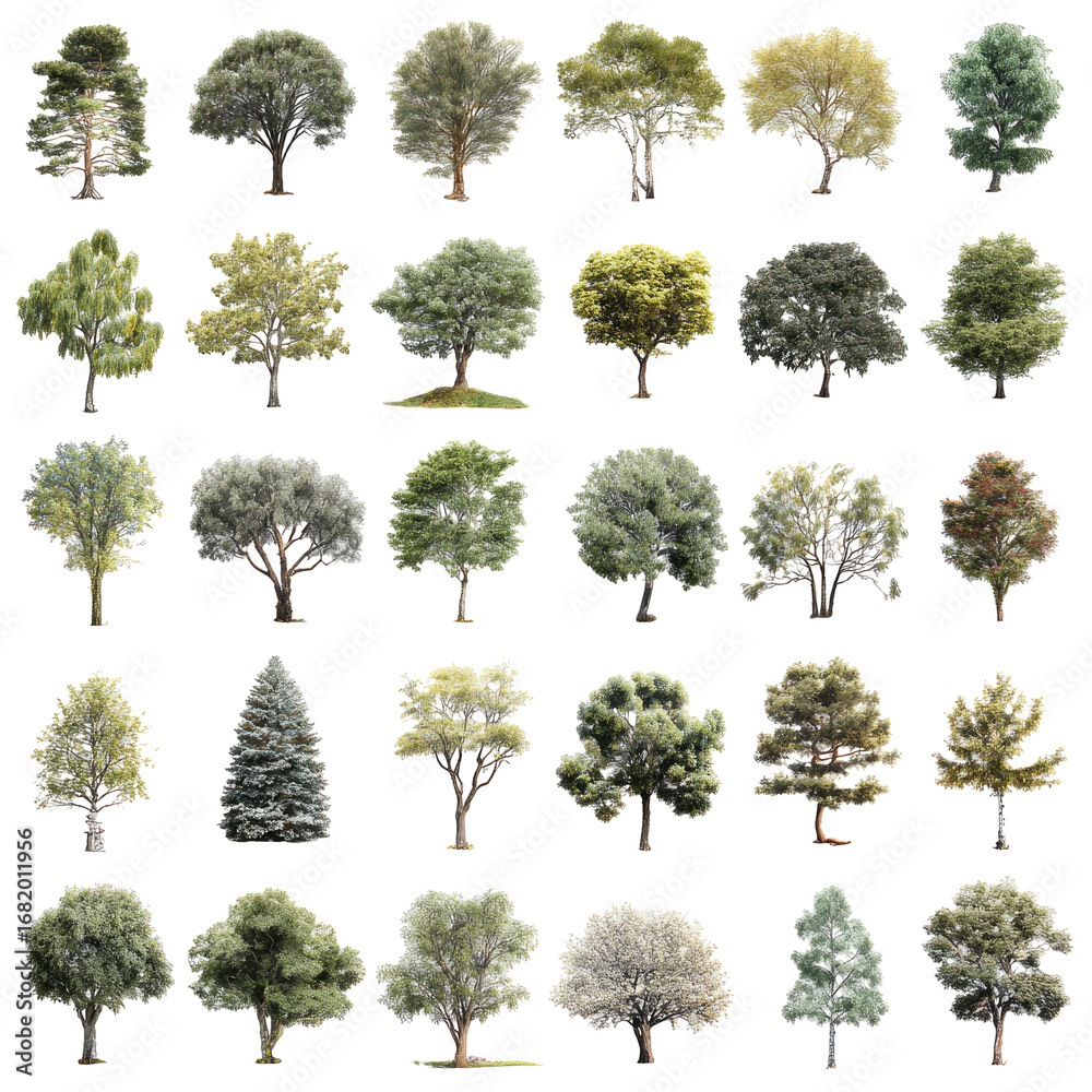 Fototapeta premium Diverse collection of trees in various shades of green, tan, and gray. Different leaf textures and shapes. Arranged in a grid
