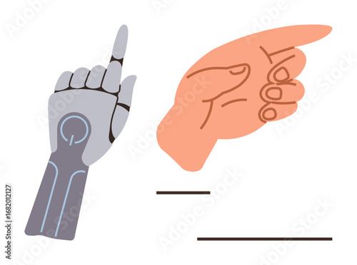 Human hand and robotic hand pointing in opposing directions, highlighting progress, AI, and collaboration. Ideal for technology, evolution, comparison, innovation, AI development teamwork simple
