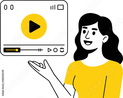 Vector art of woman presenting a video player concept of online media, streaming content, and digital entertainment flat vector illustration of a female character with a video interface