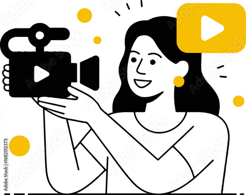 Vector art of woman holding a video camera concept of film production, content creation, and digital media flat vector illustration of a female filmmaker with professional equipment