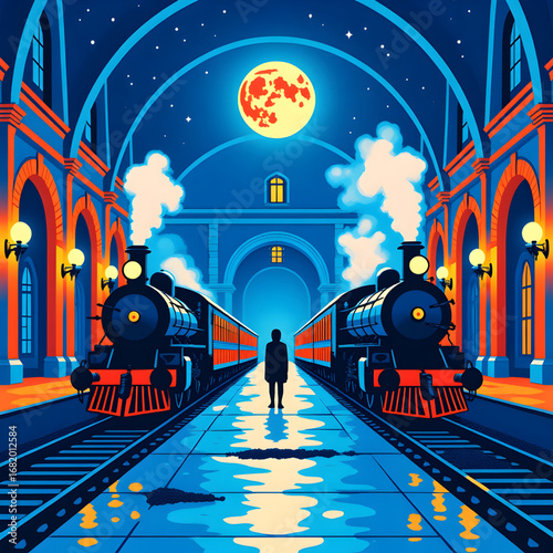 Atmospheric Train Station at Night with Steam Trains, Arched Roof, and Reflections — Surreal Illustration of Woman in Long Coat under Moonlit Sky with Smoke and Lamps