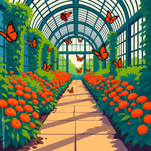 Serene Greenhouse Pathway with Orange Flowers, Monarch Butterflies, and Sunlit Glass Arches — Vibrant Illustration of Nature, Symmetry, and Peaceful Botanical Architecture