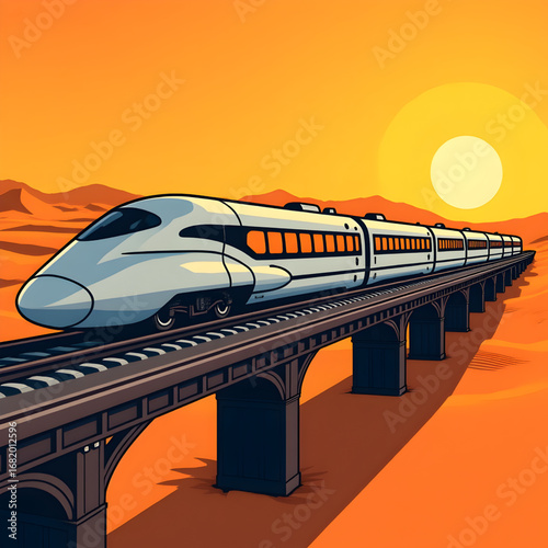 Futuristic Silver Bullet Train with Orange Windows on Elevated Desert Track — Sleek Sci-Fi Transportation Illustration with Sunset Mountains and Vibrant Warm Color Palette