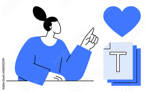 Woman pointing towards heart above stacked text documents, blending creativity, communication, and love. Ideal for writing, online learning, education, self-expression, motivation content creation