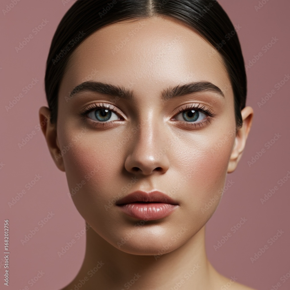 Fototapeta premium Close-Up Portrait of Young Woman with Clear Skin and Natural Makeup