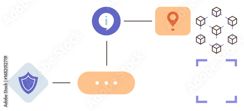 Data flow diagram featuring shield, info icon, location pin, and cubes connected into networks. Ideal for technology, cybersecurity, logistics, communication, process automation system integration