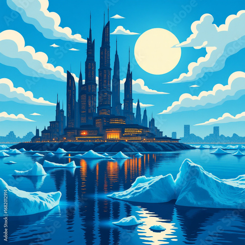 Futuristic Cityscape at Dusk with Castle-Like Spires on Floating Island and Reflective Water — Serene Sci-Fi Illustration with Moonlit Sky, Icebergs, and Advanced Architecture