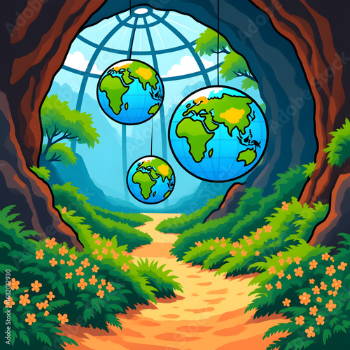 Cartoon Cave Opening with Earth Globes Showing Continental Drift, Blue Sky, and Mountain Landscape — Educational Fantasy Illustration Blending Nature, History, and Science
