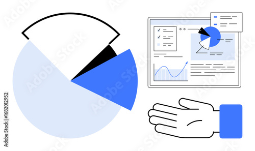 Pie chart, analysis dashboard with graphs and text, hand gesture indicating action. Ideal for data management, analytics, decision-making, business growth, training, digital strategy simple landing