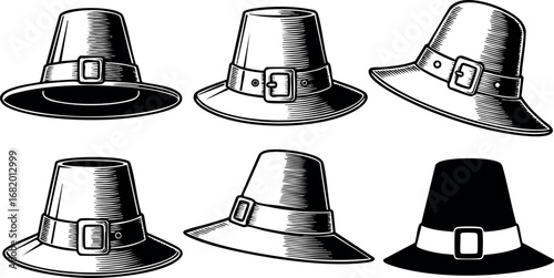 Pilgrim Hats with Buckles Vintage Style Collection Vector Illustration Set 