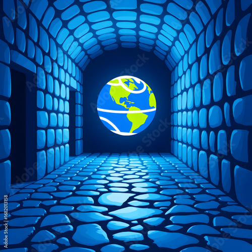 Surreal Blue Stone Tunnel with Glowing Earth Globe and White Light Lines — Abstract Futuristic Illustration Symbolizing Global Connection, Mystery, and Exploration