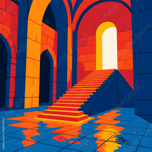Abstract Illustration of a Grand Arched Hallway with Staircase and Bright Doorway — Vibrant Geometric Artwork in Bold Colors Creating Depth, Mystery, and Dimensional Design