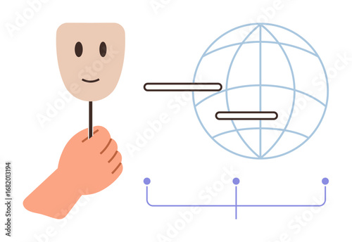 Hand holding smiling mask next to digital globe and horizontal bars with connected nodes below. Ideal for identity, deception, online persona, cybersecurity, social interaction, global networking