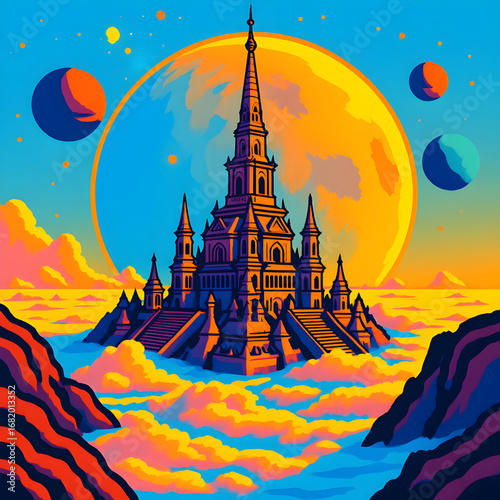 Surreal Fantasy Castle on Clouds with Spires, Staircases, and Cosmic Sky — Vibrant Stylized Digital Artwork Featuring Planets, Orange Moon, and Majestic Dreamlike Landscape