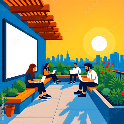 Modern Rooftop Garden Workspace with City Skyline and Sunset Sky — Relaxed Urban Coworking Illustration with Laptops, Greenery, and Casual Collaboration