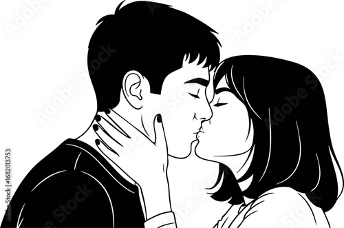 Couple kissing romantic love illustration black and white vector art 