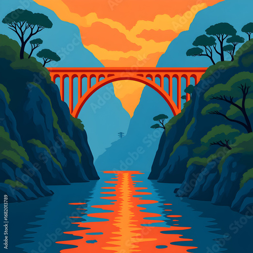 Serene landscape illustration of an orange arched bridge over tranquil water with glowing sunset sky, reflective surface, and canyon cliffs in warm vibrant evening tones
