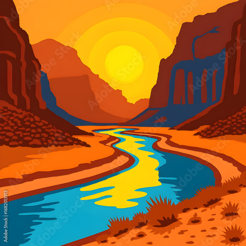 Stylized desert canyon sunset with winding reflective river, rocky cliffs, and glowing orange sky, capturing a tranquil wilderness landscape in warm natural tones