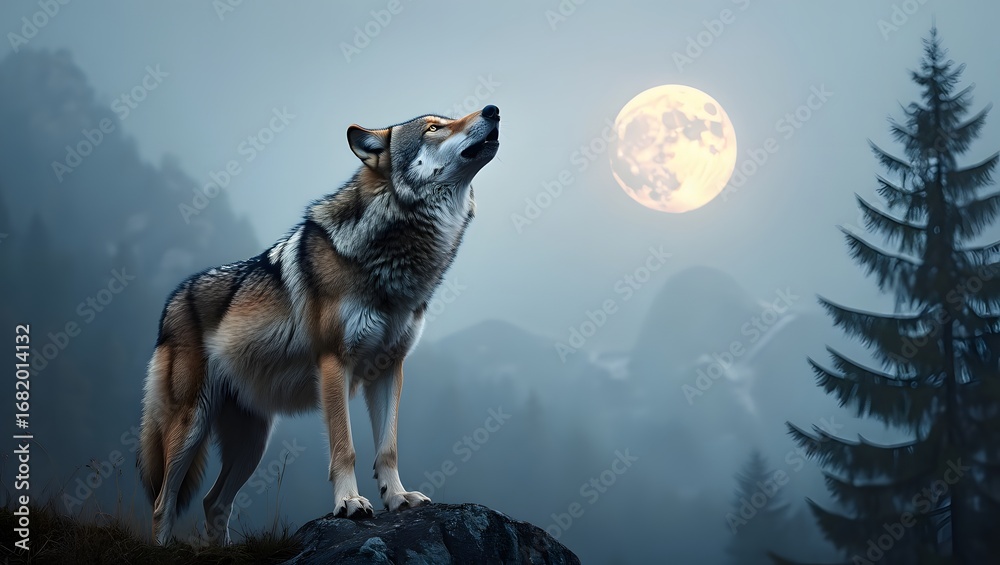 Naklejka premium Grey Wolf Howling at the Moon in a Misty Mountain Landscape