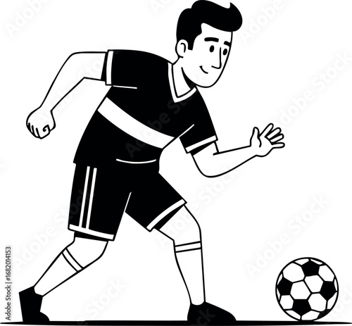 Soccer player kicking ball in black and white vector illustration dynamic pose 