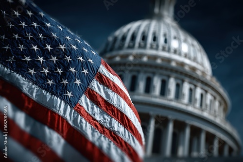 American flag waving proudly against the backdrop of the United States Capitol building at dusk