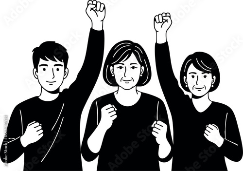 Group of Diverse People Raising Fists in Solidarity Black and White Vector Illustration 