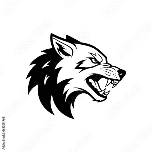 Snarling Wolf Head Profile - Black and White Stylized Illustration.