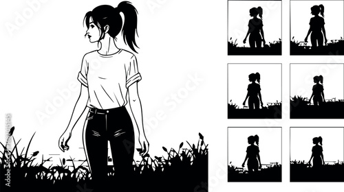 Young woman standing in grass field looking sideways silhouette vector illustration 